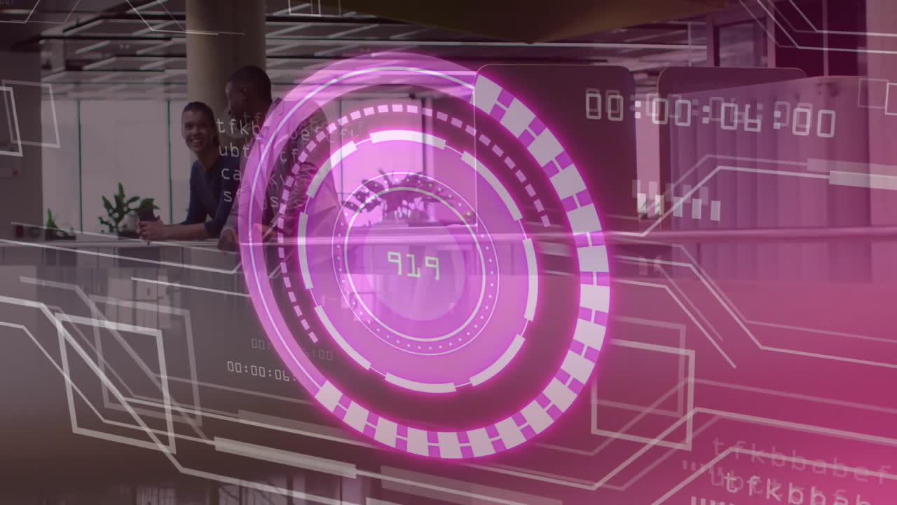 Coworkers leaning on mezzanine railing with coffee mugs in tech office, showing magenta HUD overlay