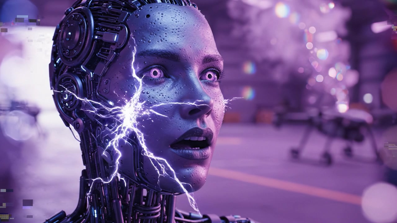 Stupore ed Espressione: Un robot futuristico con dettagli intricati ed elementi elettrici, catturato in un ambiente dinamico dalle tonalità viola di tecnologia avanzata.