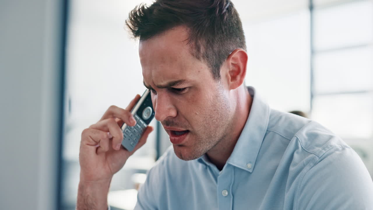 Man, phone call and office with anger