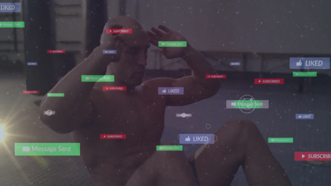 Shirtless man performing sit-ups in dim gym, featuring floating social media notification overlays