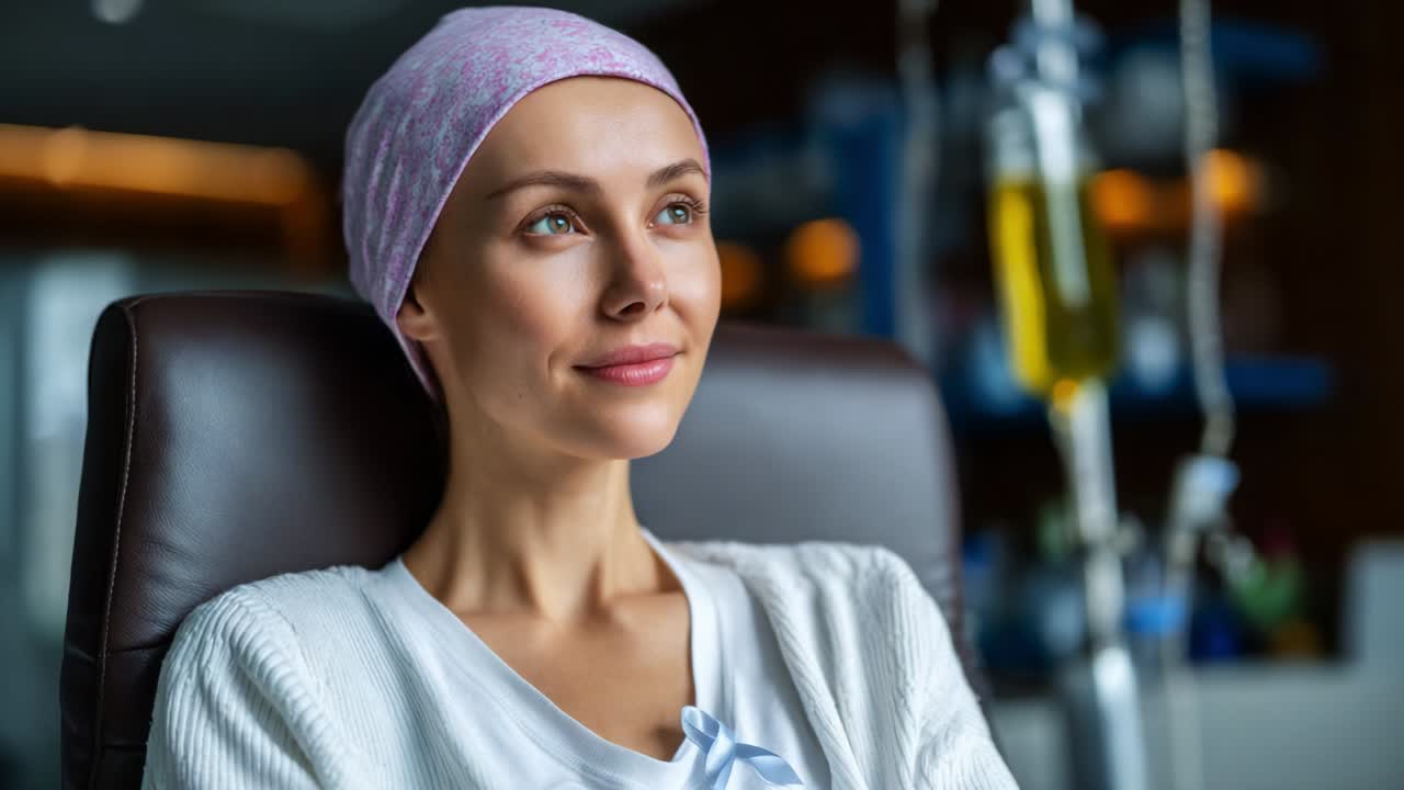 A hopeful woman with a headscarf sitting comfortably in a clinic setting, radiating positivity and resilience during her treatment process, surrounded by medical equipment that symbolizes her journey