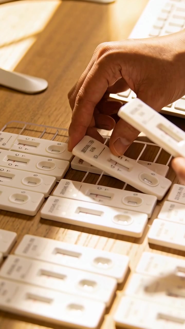 Vertical video: Placing cassette, hands in dark sleeves aligning rapid tests at home desk to sort