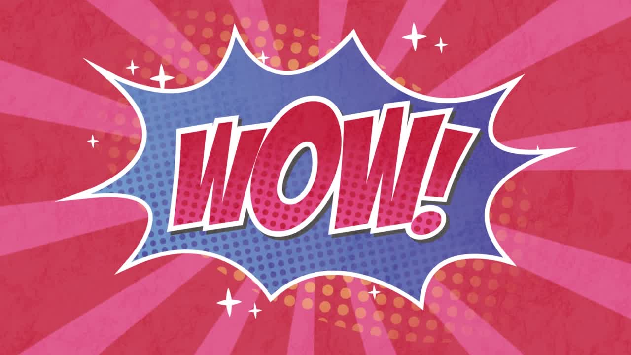 Animation of comic 5 options text over multiple comic speech bubbles with comic sound effects texts