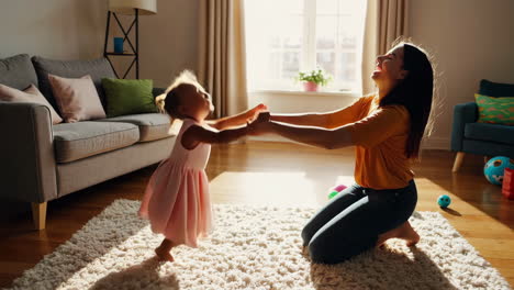 joyful moments of mother and toddler playing in a sunlit living room