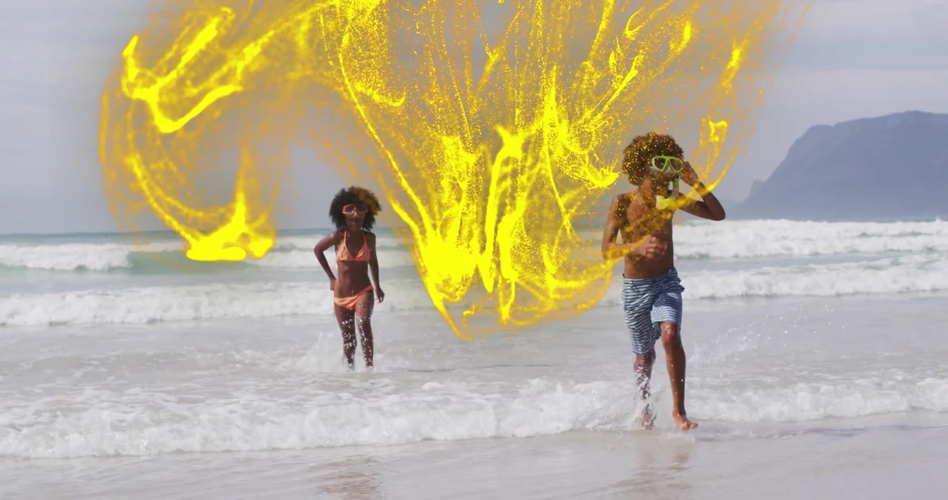 Vortice giallo che appare, cresce, scorre e avvolge due bambini che corrono verso la riva, giocando.
