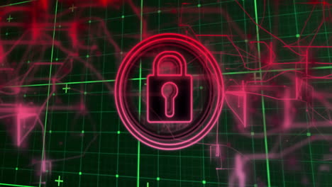 icono de candado rojo con animación de seguridad sobre fondo de cuadrícula digital verde