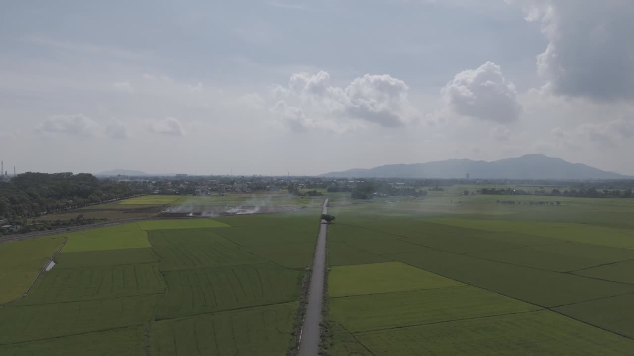Drone captures a scenic road slicing through lush, verdant farmland in Da Nang countryside. Smoke rises gently, silhouetted against distant mountains under a serene, cloudy sky