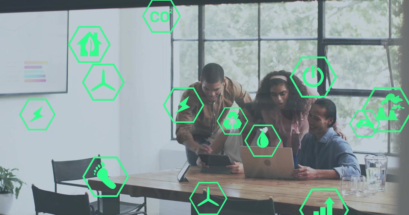 Coworkers around conference table, placing tablet and activating animated business chart overlays