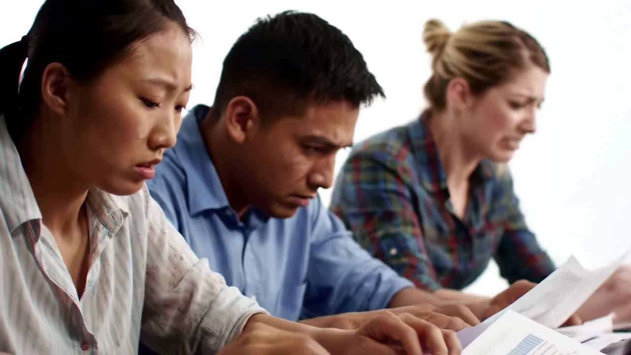 Three people concentrate on reviewing important papers, displaying a range of emotions from determination to stress. The setting appears to be a modern office space with neutral tones.