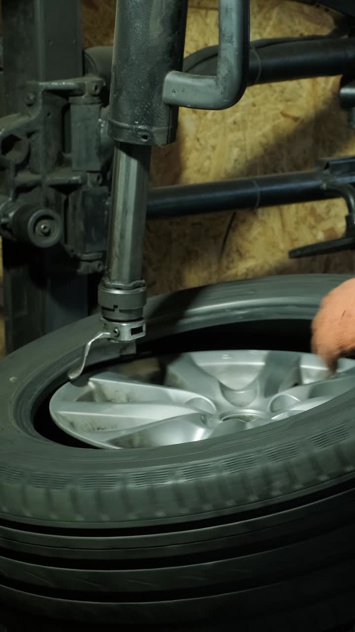 Mechanic Changing Car Tire on Wheel with Machine in Workshop