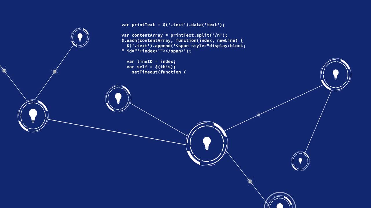 animation von glühbirnen-icons, die mit linien und computersprache auf blauem hintergrund verbunden sind