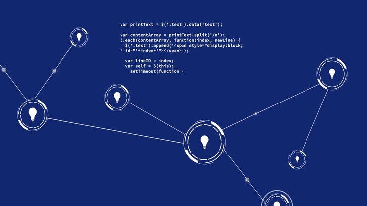 Animation of light bulb icons connected with lines and computer language over blue background