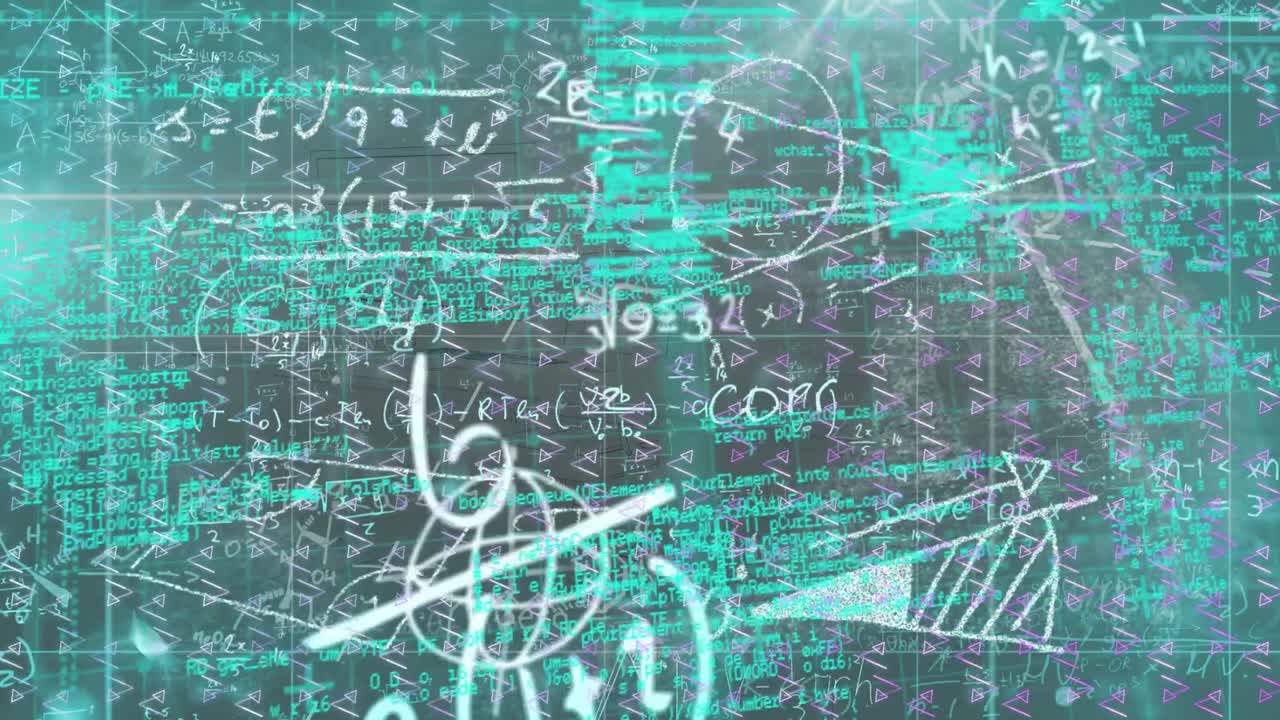 animación de codificación digital que se mueve sobre ángulos geométricos, fórmulas matemáticas y triángulos