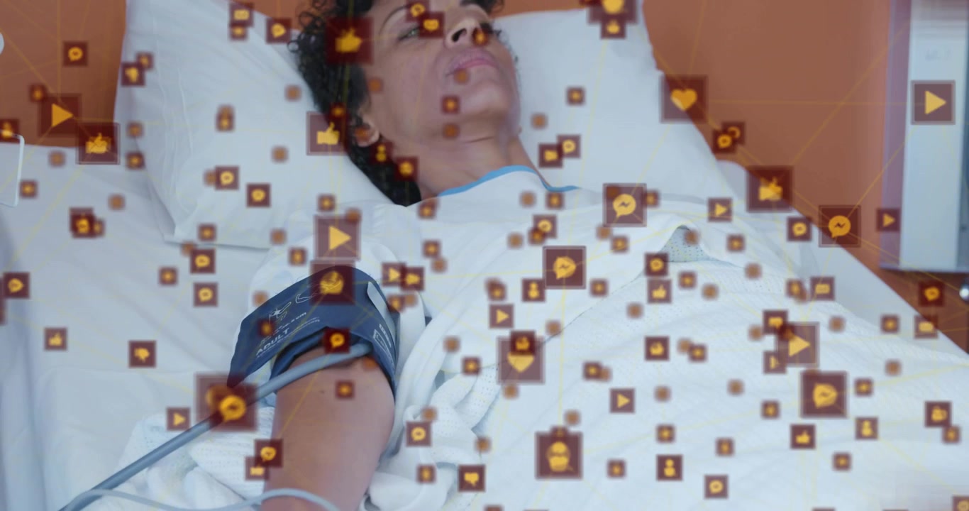 Patient in Hospital Bed with Digital Social Media Network Overlay