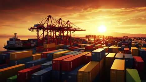 a breathtaking sunset over a busy container port with cranes and cargo ship unloading boxes amidst vibrant sky colors