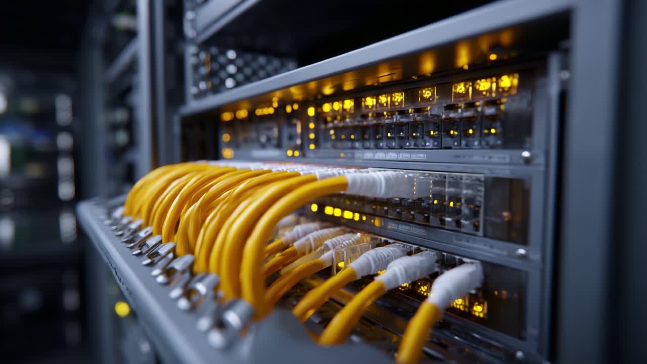 A Close-Up View of Network Switches with Bright Lights and Yellow Cables Connected, Showcasing the Complex Infrastructure of Modern Data Centers and Connectivity