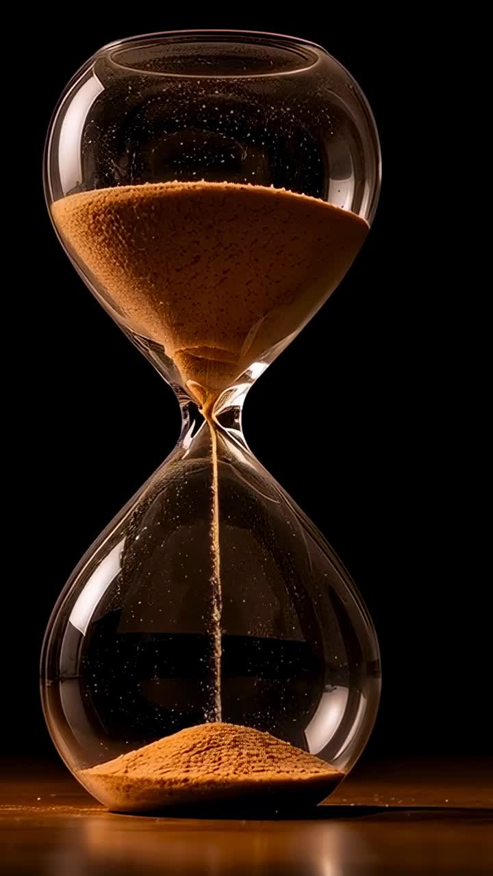 Vertical video: Starting clear hourglass pouring amber sand on dark table under warm light