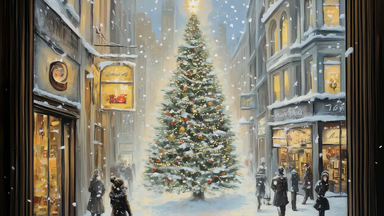 Christmas Tree in a Snowy City Street