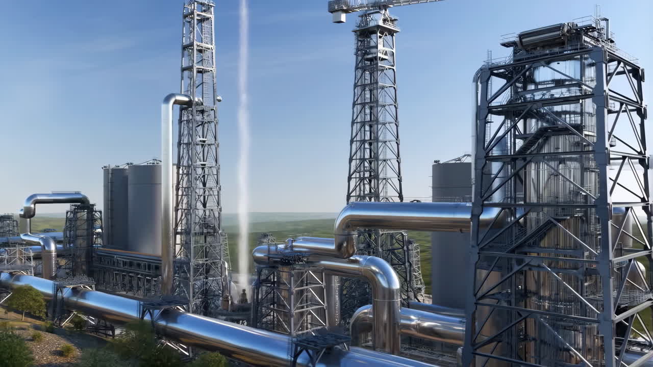 Industrial Plant with Pipes, Towers, and Storage Tanks