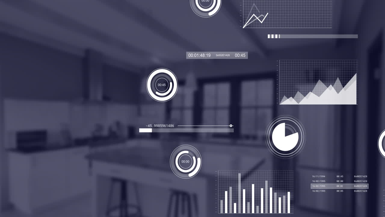Animation of financial data processing over empty office
