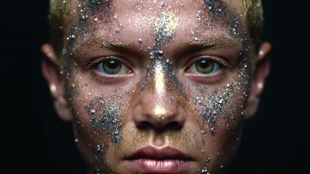 Luzes acendendo modelo adolescente com olhar fixo, piscando para um retrato com tinta dourada e glitter prateado