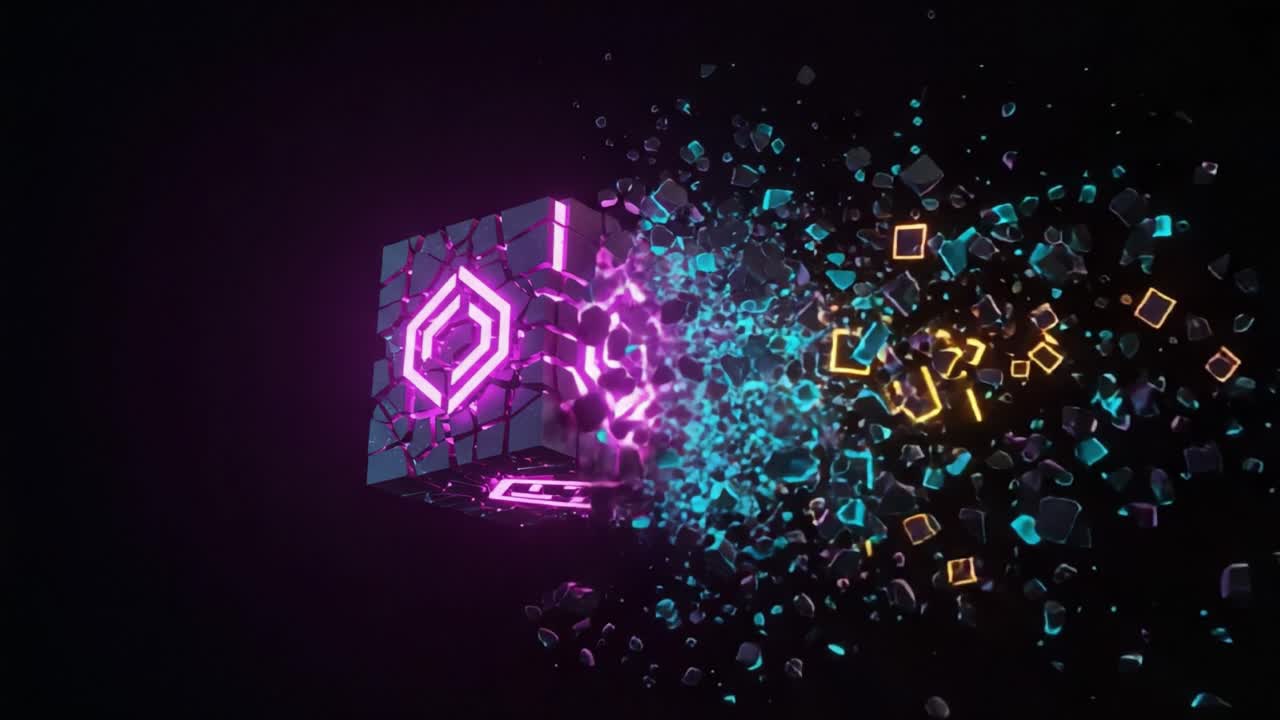 A futuristic, animated cube dissolving into vibrant particles of light, showcasing a mesmerizing display of colors and digital transformation in a dark background