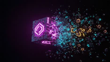 a futuristic, animated cube dissolving into vibrant particles of light, showcasing a mesmerizing display of colors and digital transformation in a dark background