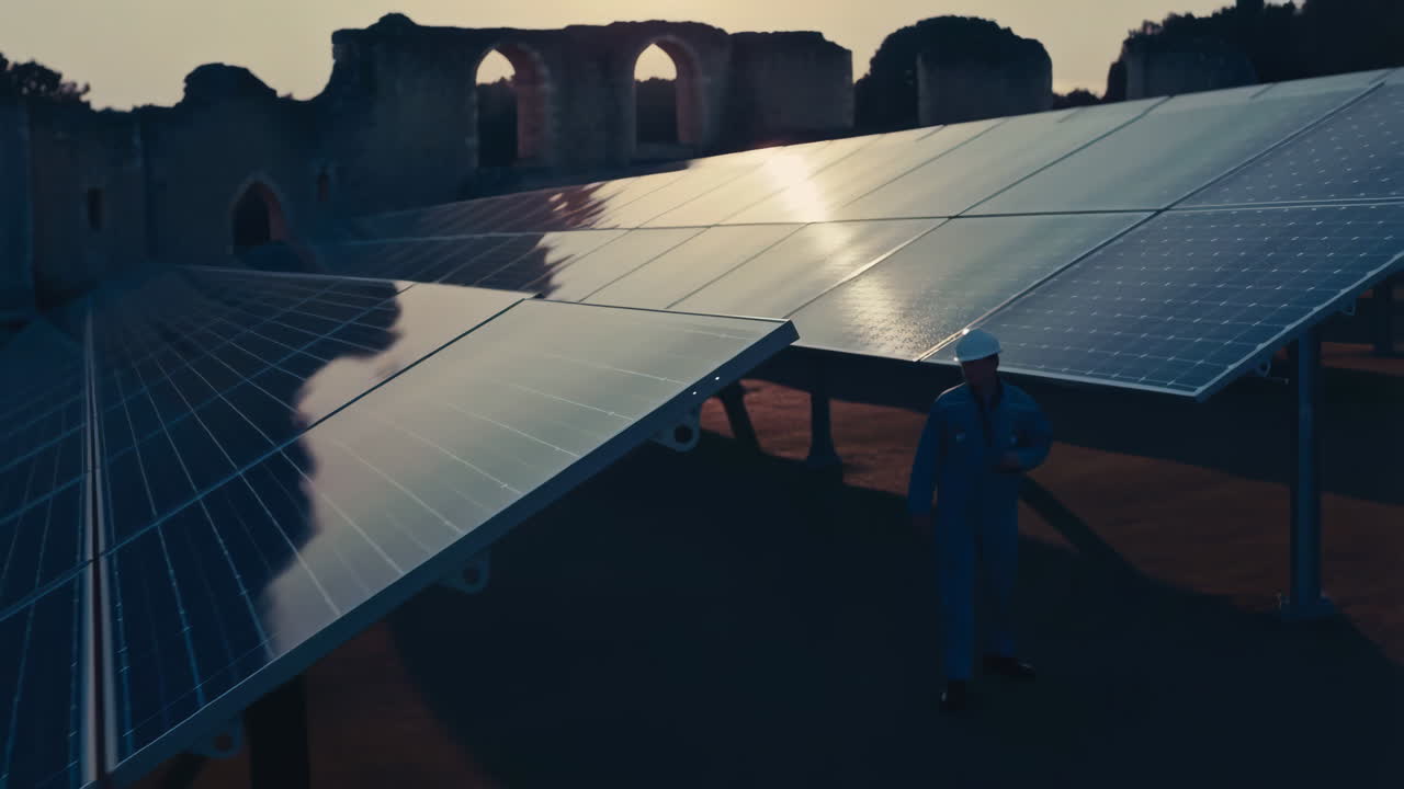 Ingeniør, der går forbi solpaneler ved solnedgang med oldgamle ruiner i baggrunden