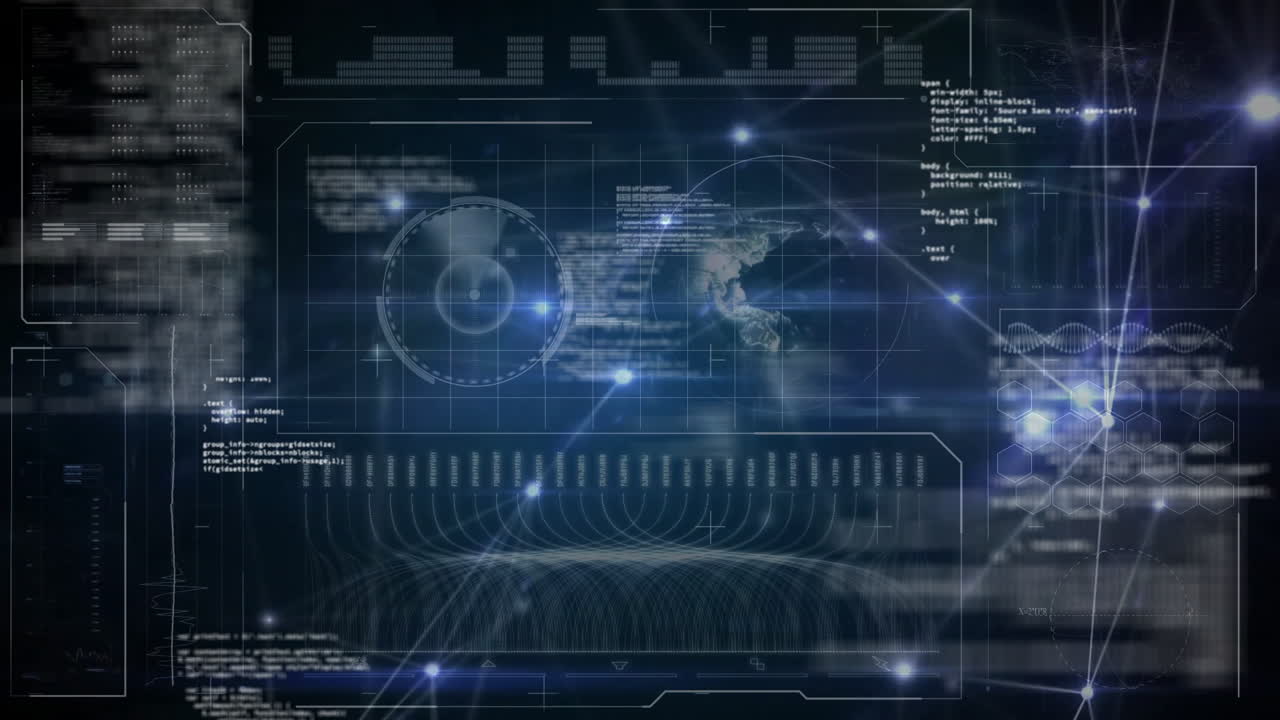 Animating futuristic digital interface with world map data processing in school
