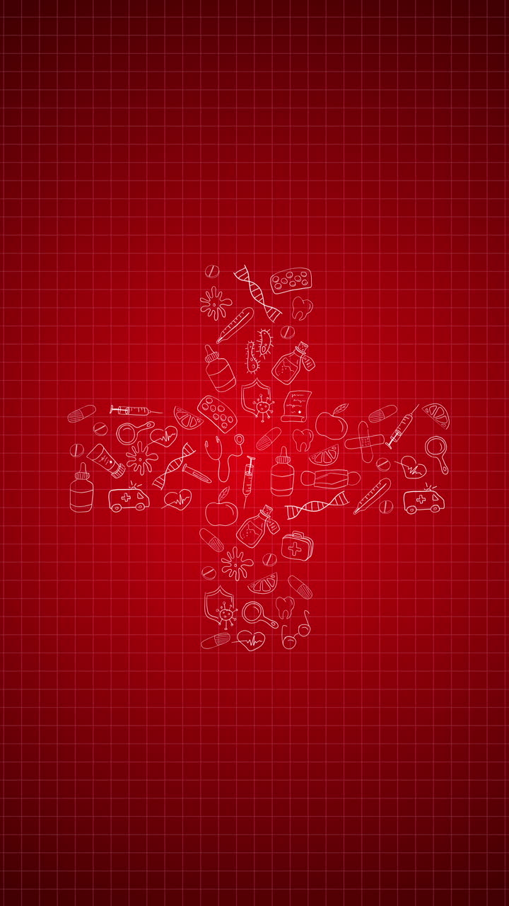 Plus hospital pattern. Medical or pharmacy red abstract background with symbols. Loop animation. Vertical video.