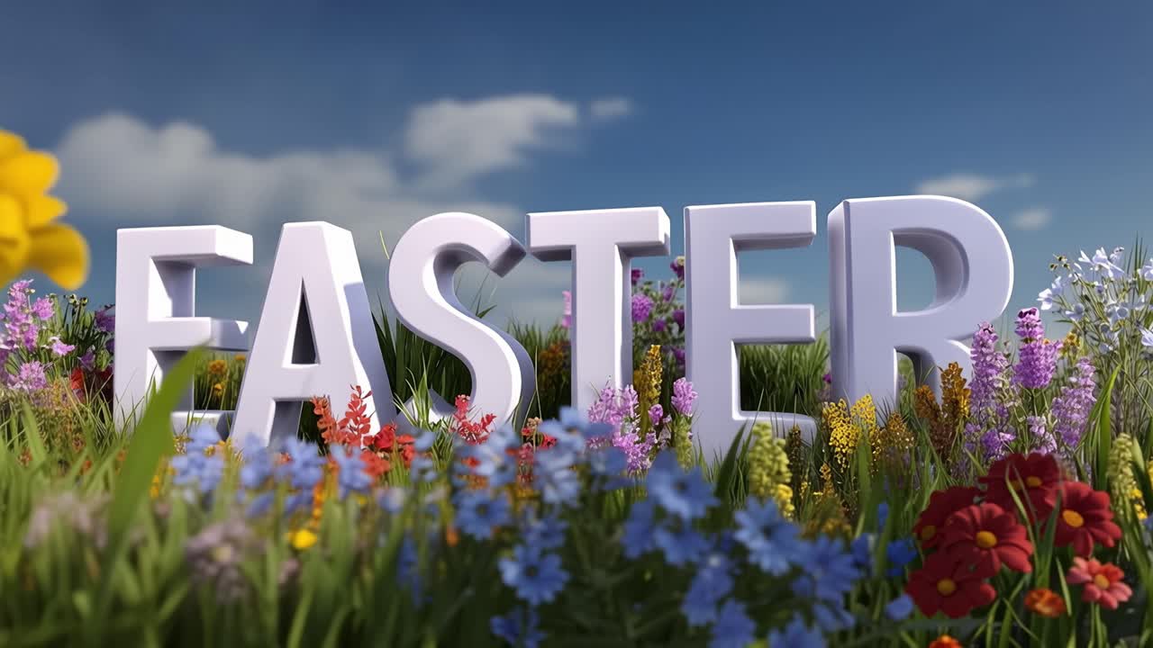 Lettere bianche formano la parola PASQUA in un prato vivace. La luce soffusa del sole illumina i fiori selvatici e l'erba sottostante. Il cielo azzurro con nuvole soffici aggiunge un'atmosfera serena.