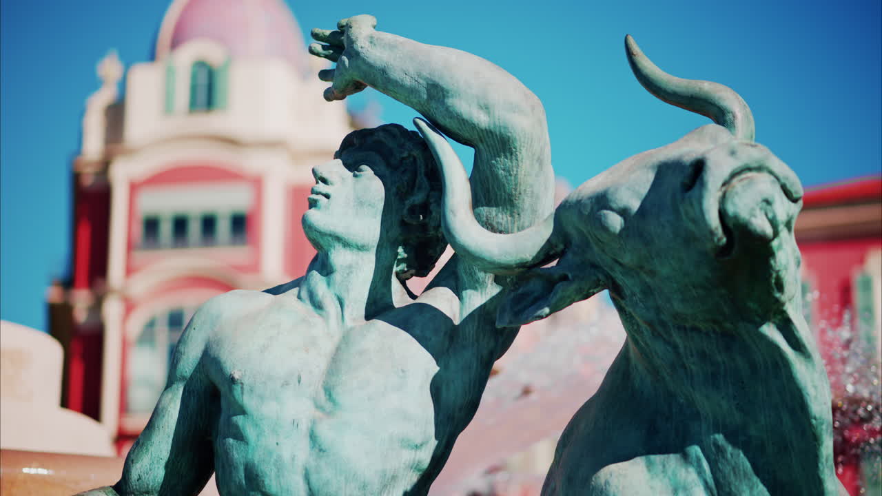 Nice, France - October 8, 2024: Close up of the Fontaine du Soleil in daylight