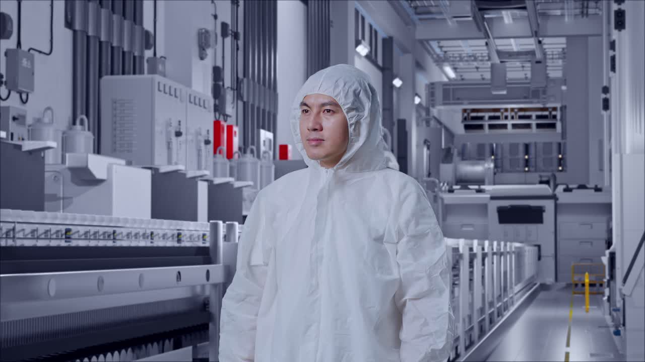 Asian Male Scientist Looking Around At Pharmaceutical Factory, Vaccine Production Facility