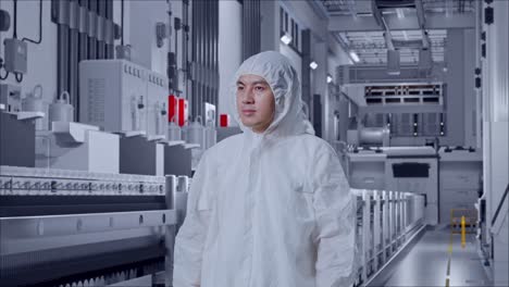asian male scientist looking around at pharmaceutical factory, vaccine production facility