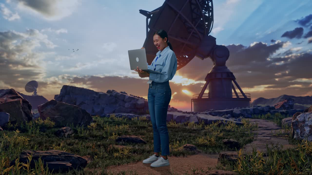 Full Body Side View Of An Asian Female Professional Worker With Her Laptop With Large Satellite Dish, She Raises Her Fist Up With Screaming Goal After Typed On The Laptop