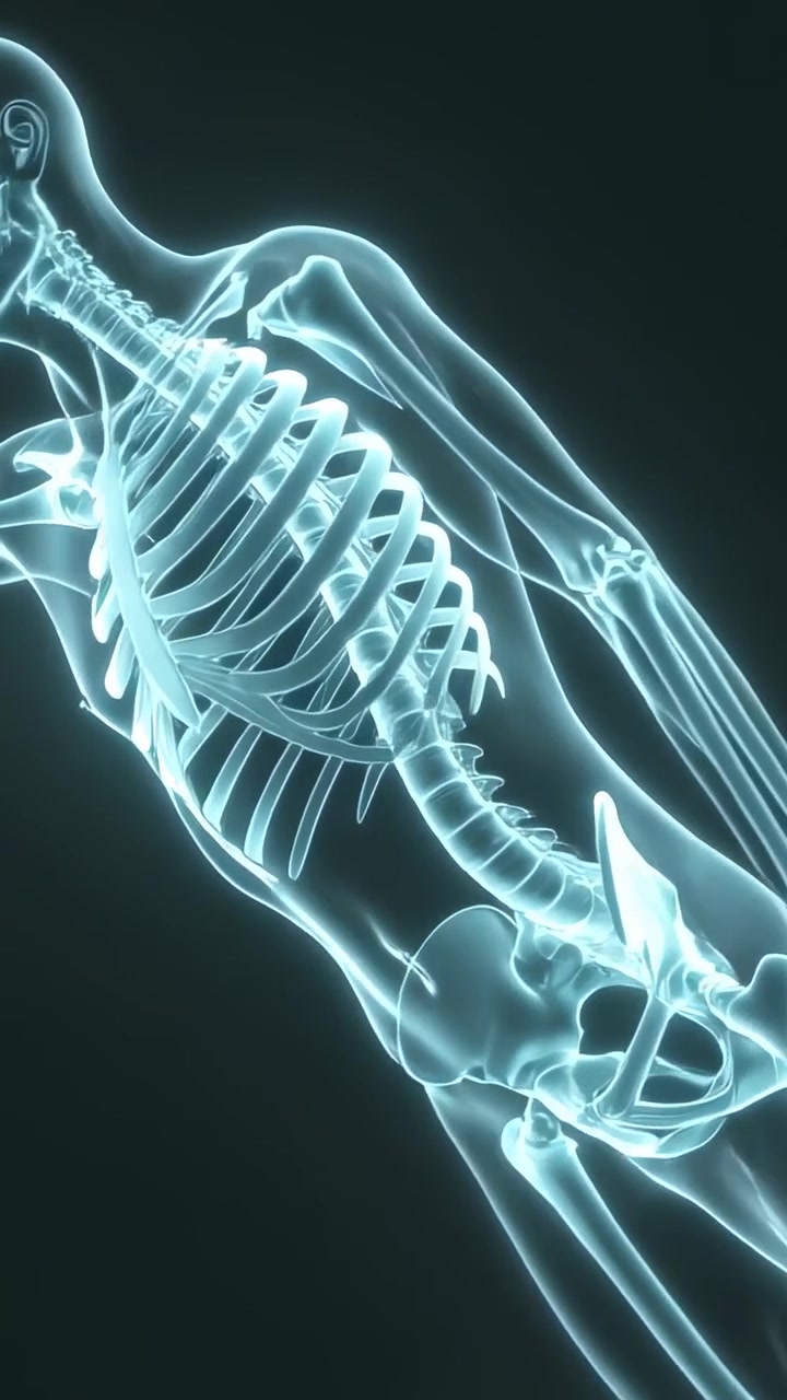 Vertical video: Rotating cyan skeleton revealing spine ribs for exam, playback starting in studio