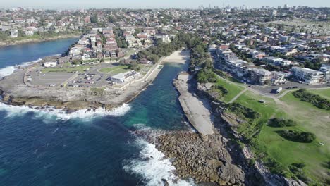 aerial view of clovelly beach and narrow bay during summer in sydney, nsw, australia