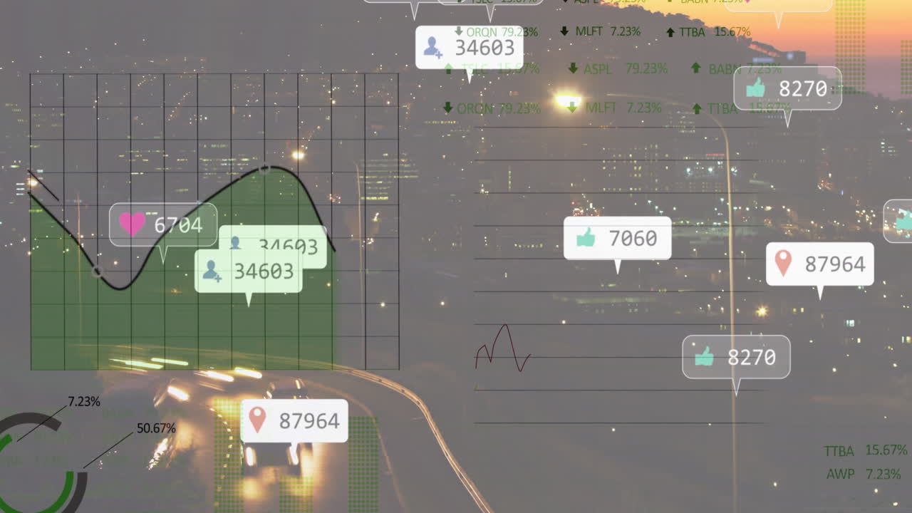 소셜 미디어 아이콘의 애니메이션과 도시 풍경에 대한 데이터 처리