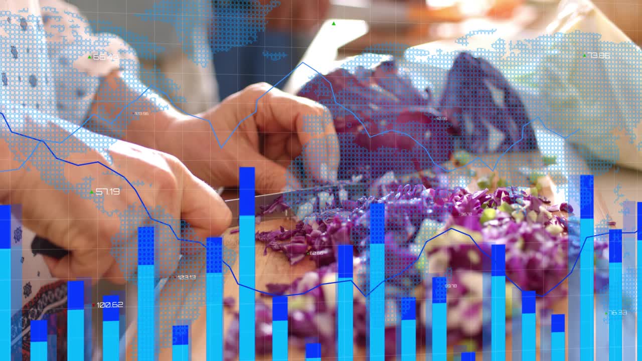 Hands chopping purple cabbage on wooden board, causing blue bars rising and visualizing recipe data