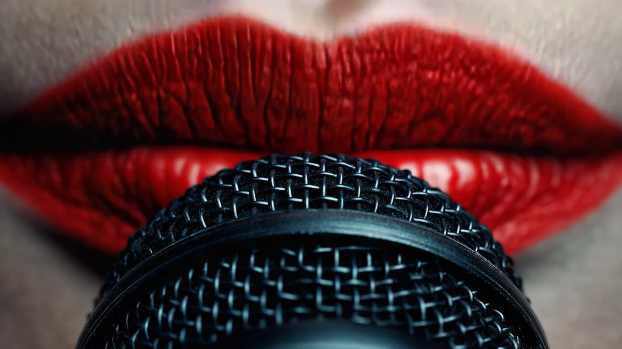 A Close-Up of Luscious Red Lips Framed by a Microphone, Capturing the Essence of Passionate Performance and Artistic Expression in Music