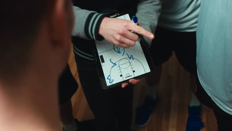 Nahaufnahme-Eines-Basketballtrainers,-Der-Einer-Mannschaft-Auf-Seinem-Tablet-Eine-Kombination-Erklärt.-4K-UHD