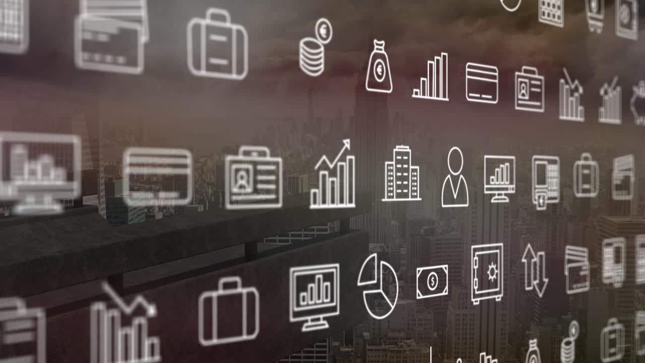 Animation of business icons overlaying cityscape, depicting financial growth concepts