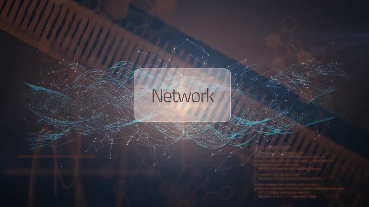 Transparent rectangle featuring Network label floating over glowing blue node mesh patterns