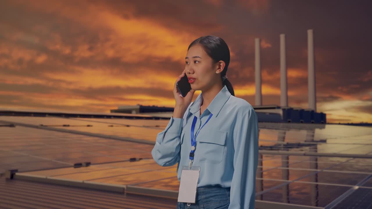 หญิงชาวเอเชียในมุมมองด้านข้าง กำลังตรวจสอบแผงโซลาร์เซลล์บนหลังคาตอนพระอาทิตย์ตกดิน เธอหยิบโทรศัพท์ขึ้นมาและเริ่มพูดคุยพร้อมแย้มยิ้มเล็กน้อย