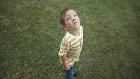 a young boy gazes up at the sky in slow motion, his eyes full of wonder and curiosity. this cinematic footage captures the innocence and imagination of childhood.