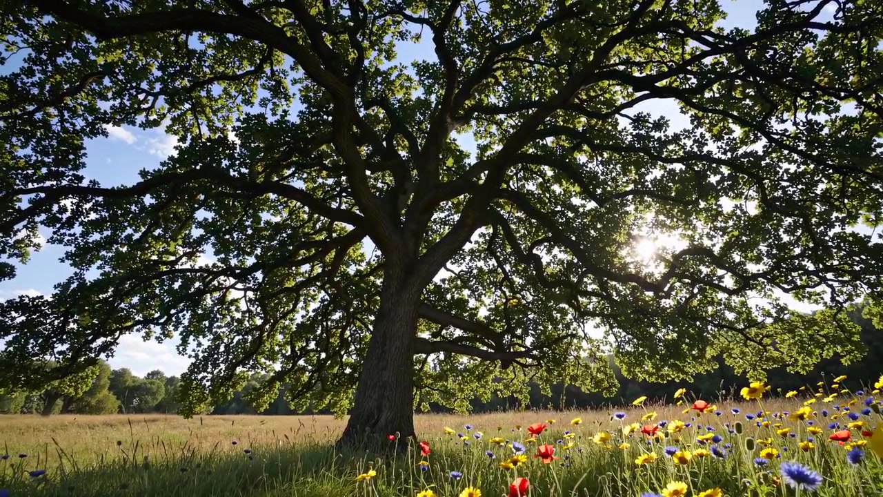 Grande quercia in un prato con fiori di campo al tramonto
