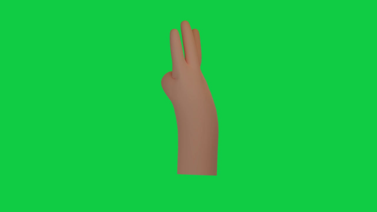 gesto de la mano en 3d en un fondo de pantalla verde cromado. canal alfa. emoticon signo animado. mostrando tres dedos. concepto de conteo