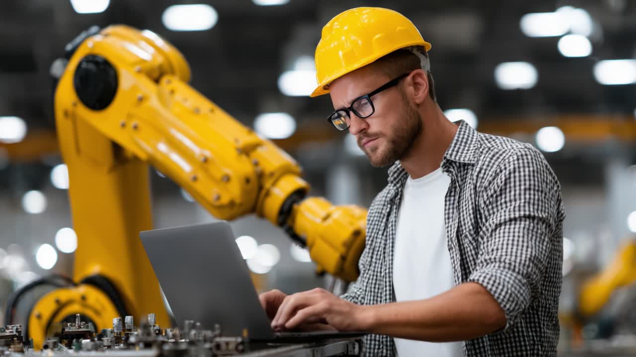 Focused Engineer Utilizing Technology in a Modern Manufacturing Environment with Industrial Robot Arm at Workstation