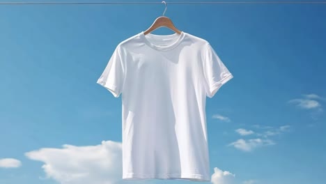 A white T-shirt on a hanger against a blue sky backdrop, captured from a low angle