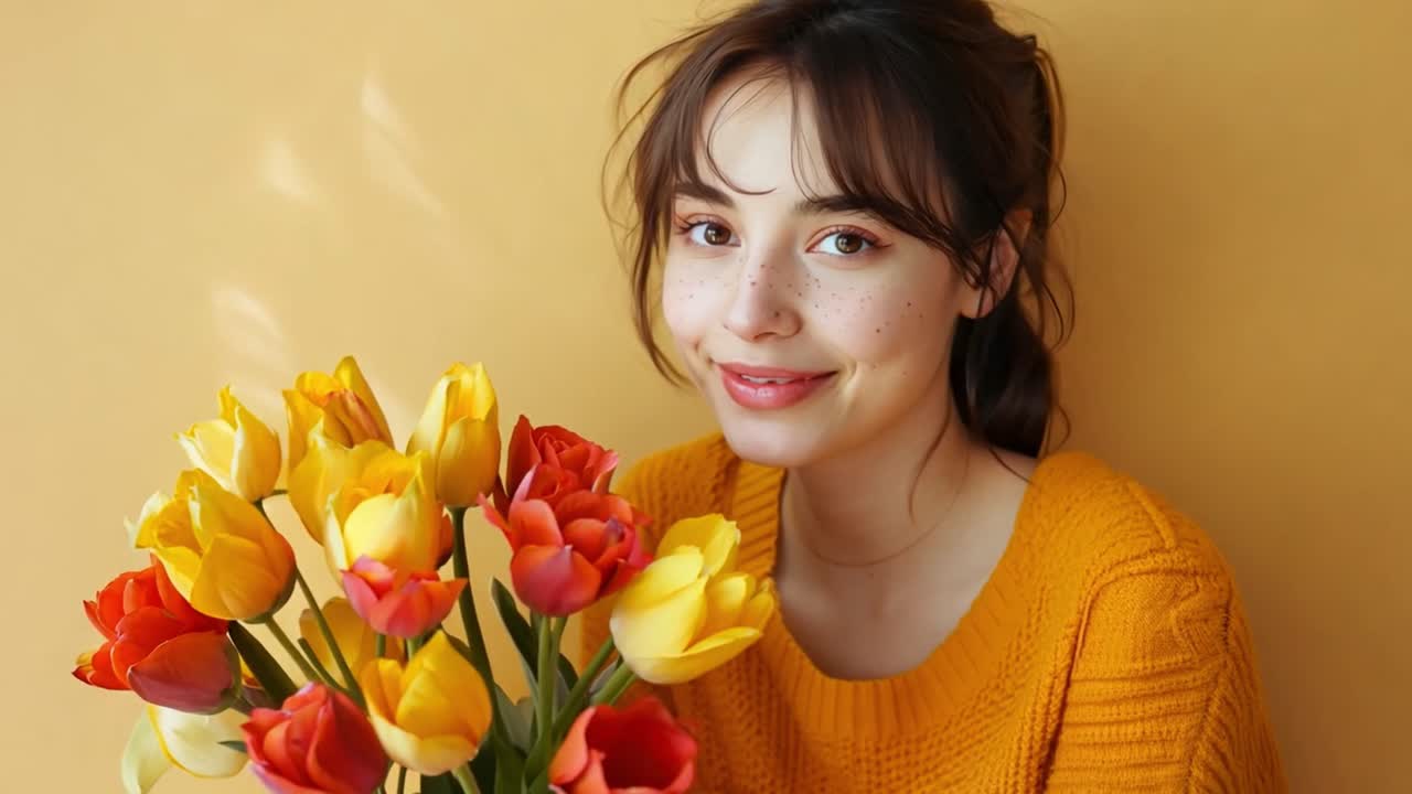 Young Woman with a Bouquet of Colorful Tulips